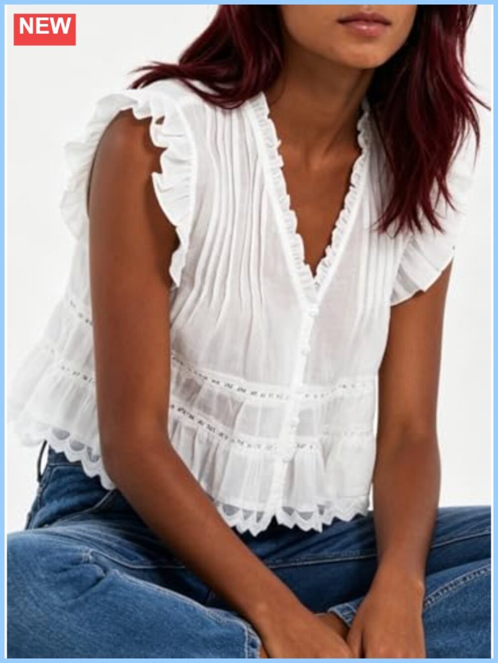 Semi Sheer Babydoll Tank Top, Ruffle V-Neck Boho Eyelet Peplum Blouse - Picture 3 of 5